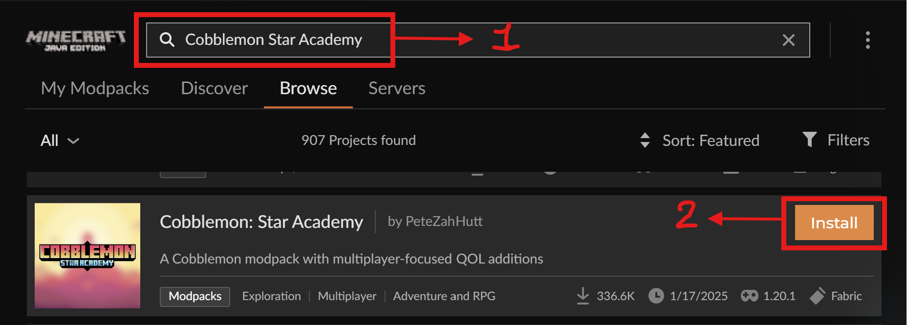 Recherche du modpack Cobblemon Star Academy
