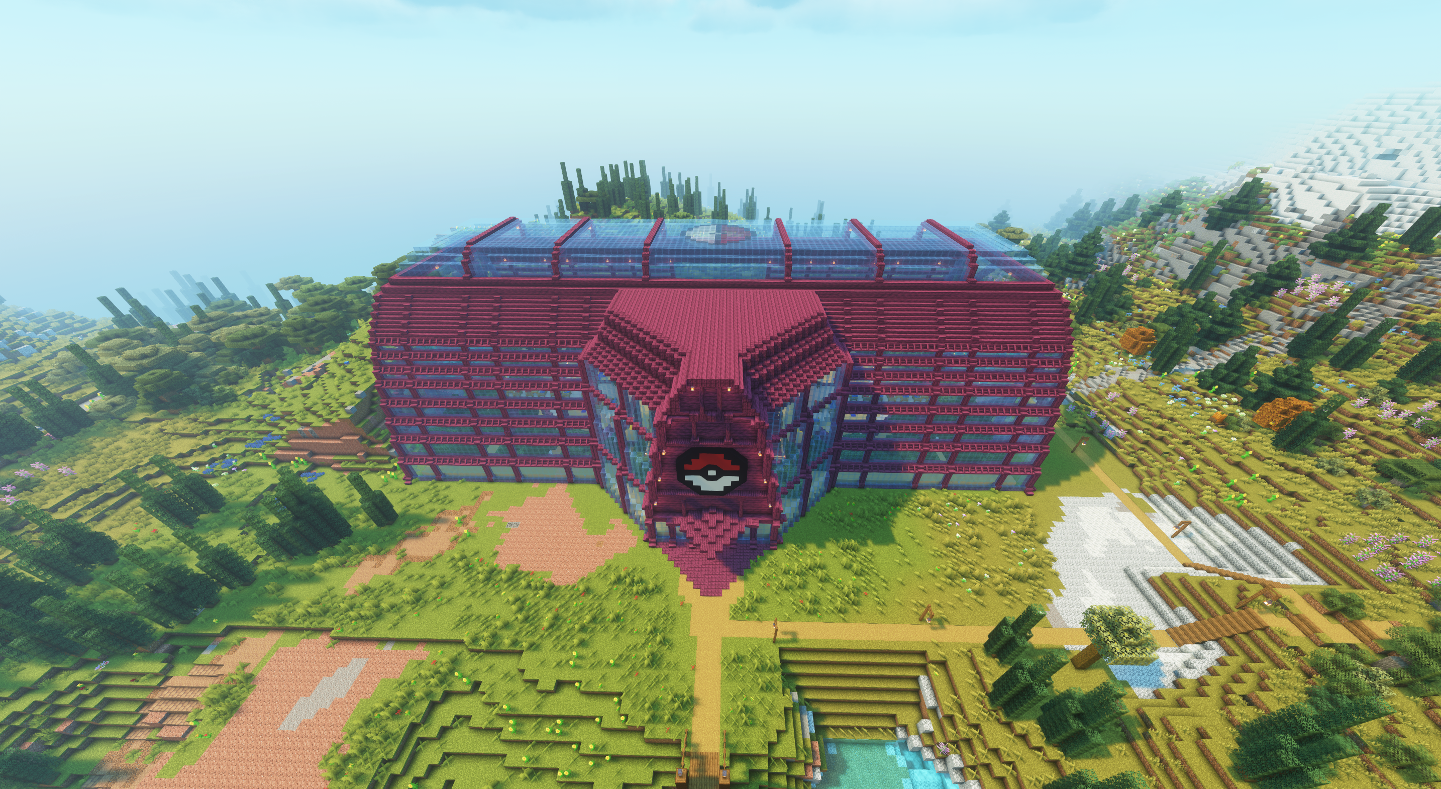 Vue aérienne d'une arène Pokémon dans Minecraft